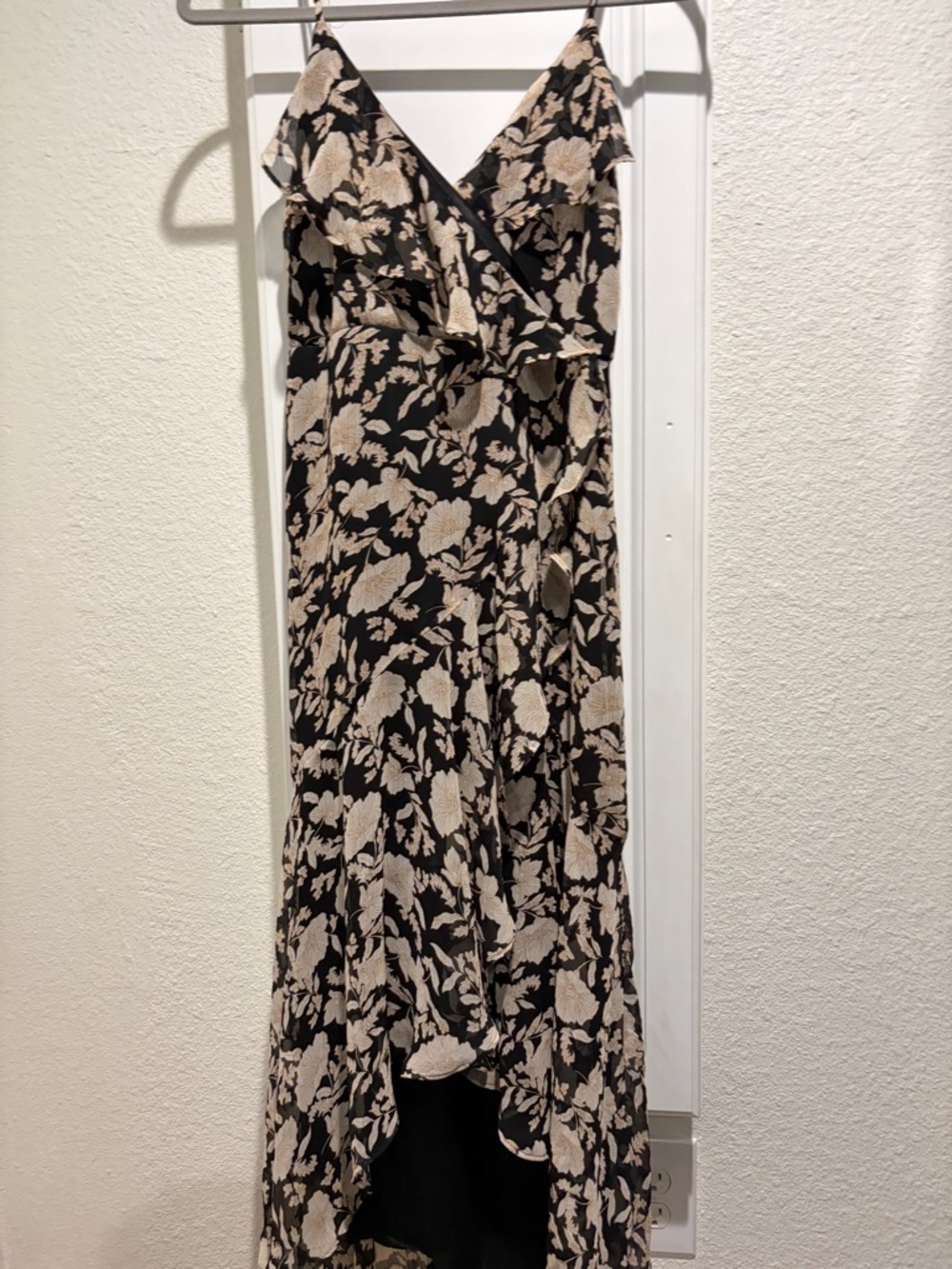 Petite XS Express Black and Cream Floral High-Low Wrap Dress